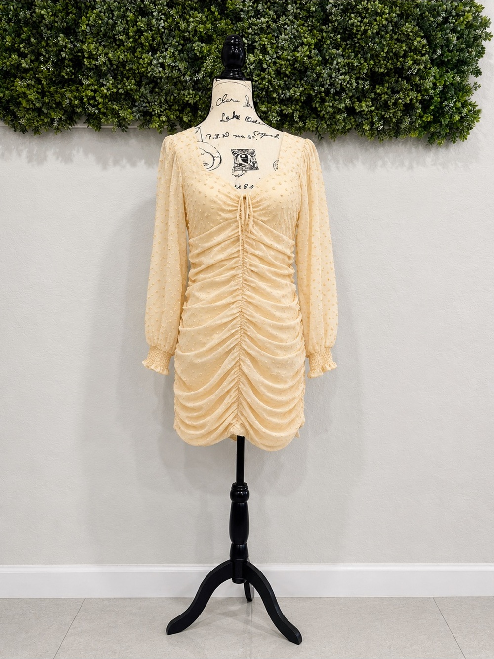 Just Me Cream Swiss Dot Ruched Mini Dress Size L
